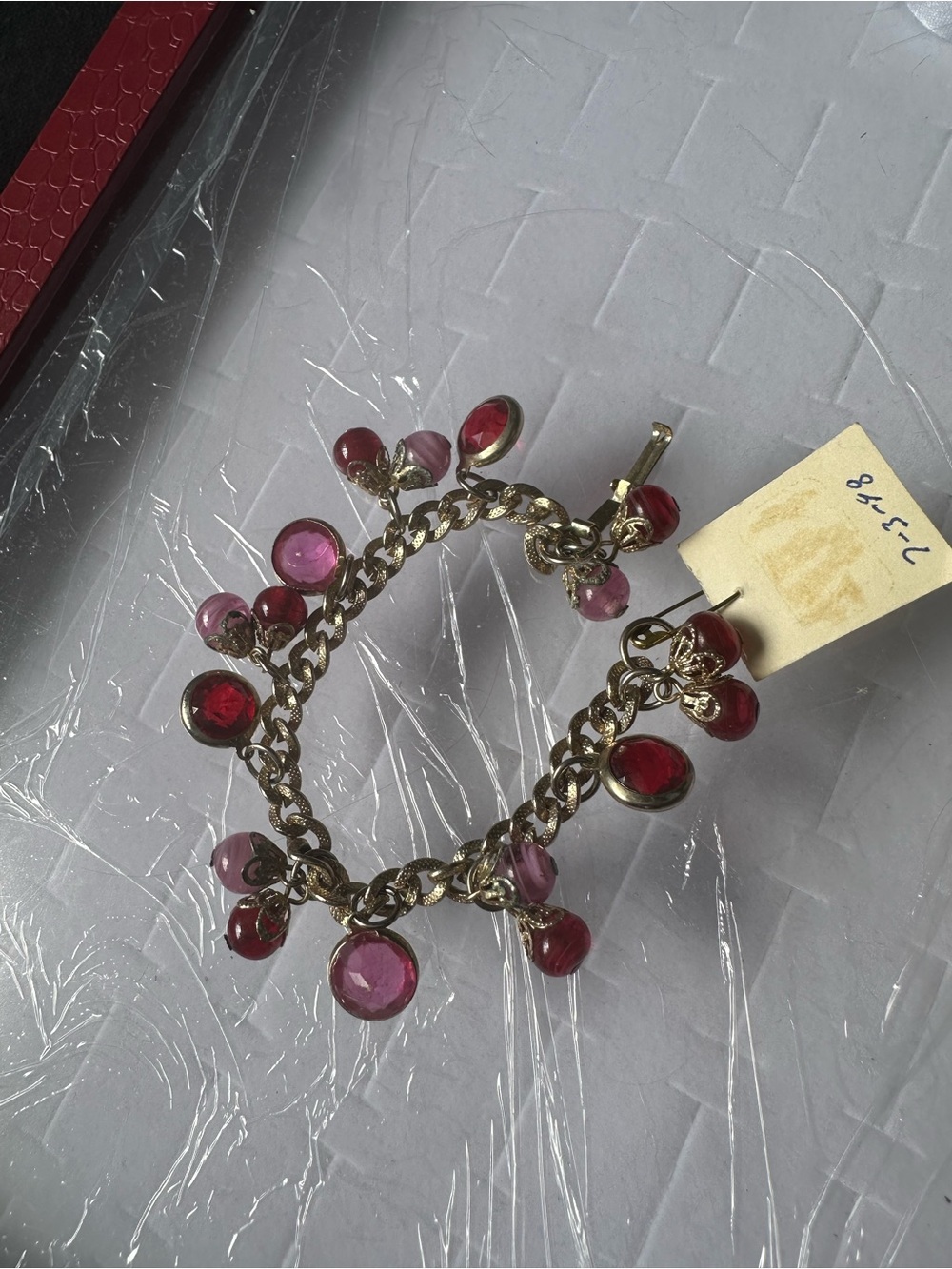 Vintage 1960s Victorian Revival Pink Red Glass Charm Bracelet